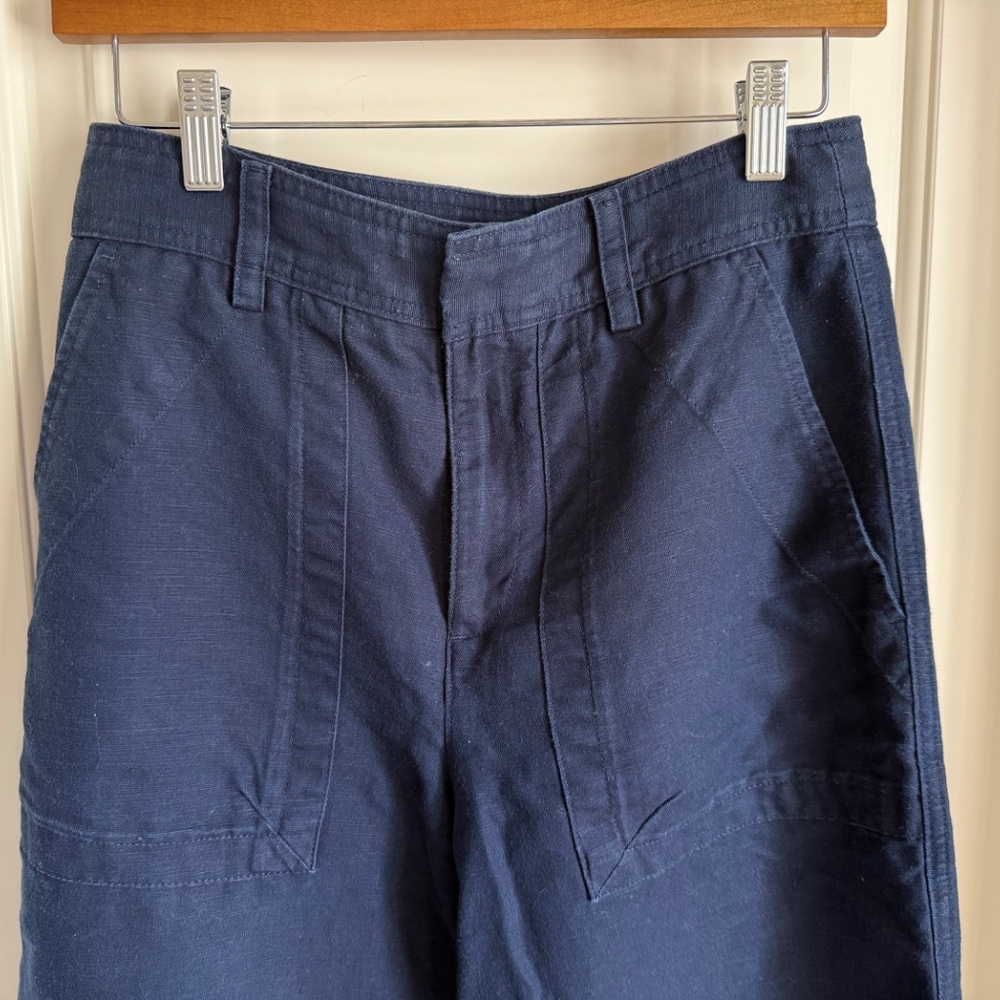 Banana Republic Navy Barrel Cropped Linen Blend Pants